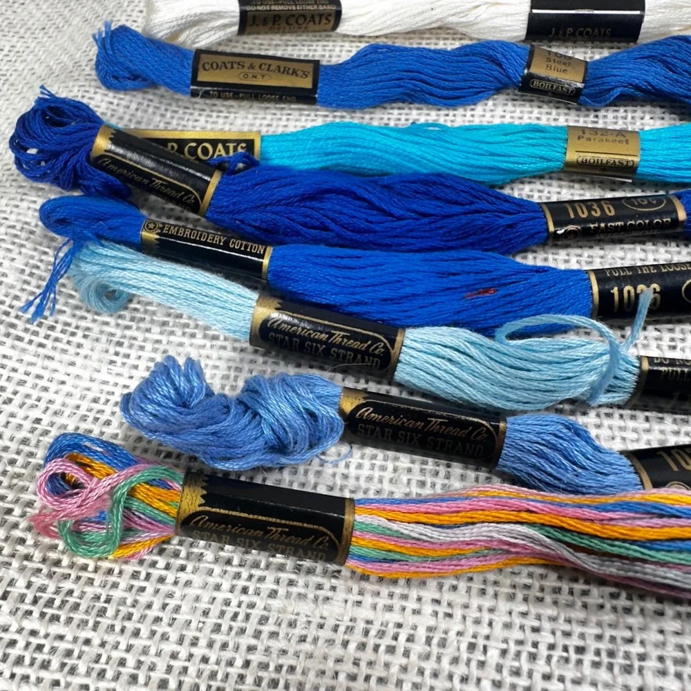 19 Vintage Embroidery Floss Skeins J & P Coats Star DMC Blue‎ Purple White Lot